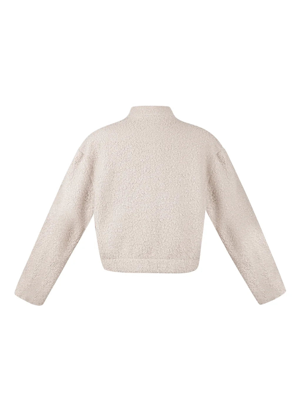 Crèmekleurige teddy jas voor dames met opgestikte klepzakken en korte pasvorm.