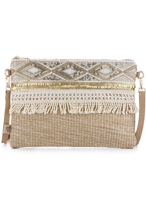Beige boho clutch met franjes, pailletten en geometrisch patroon
Meer regels weergeven
